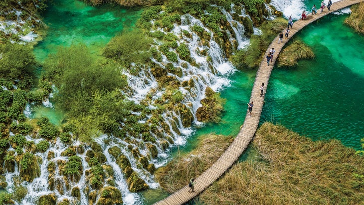 A Plitvice Lakes National Park boardwalk offers visitors unique views