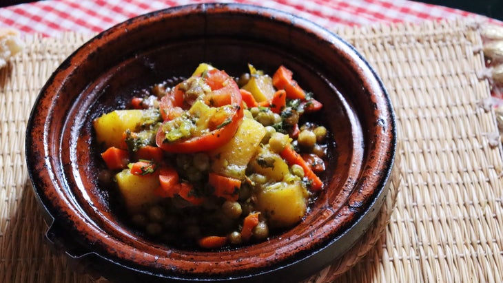 Vegetable tagine, typical dish of Moroccan food. Contains tomato, chickpeas and other vegetables.