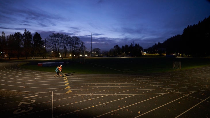 A pair circle the track. 