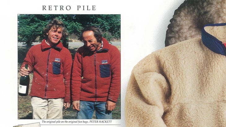 A page from the 1998 Patagonia catalog showing the Retro Fleece and Yvon Chouinard and Rick Ridgeway having fun in the original 1970s model