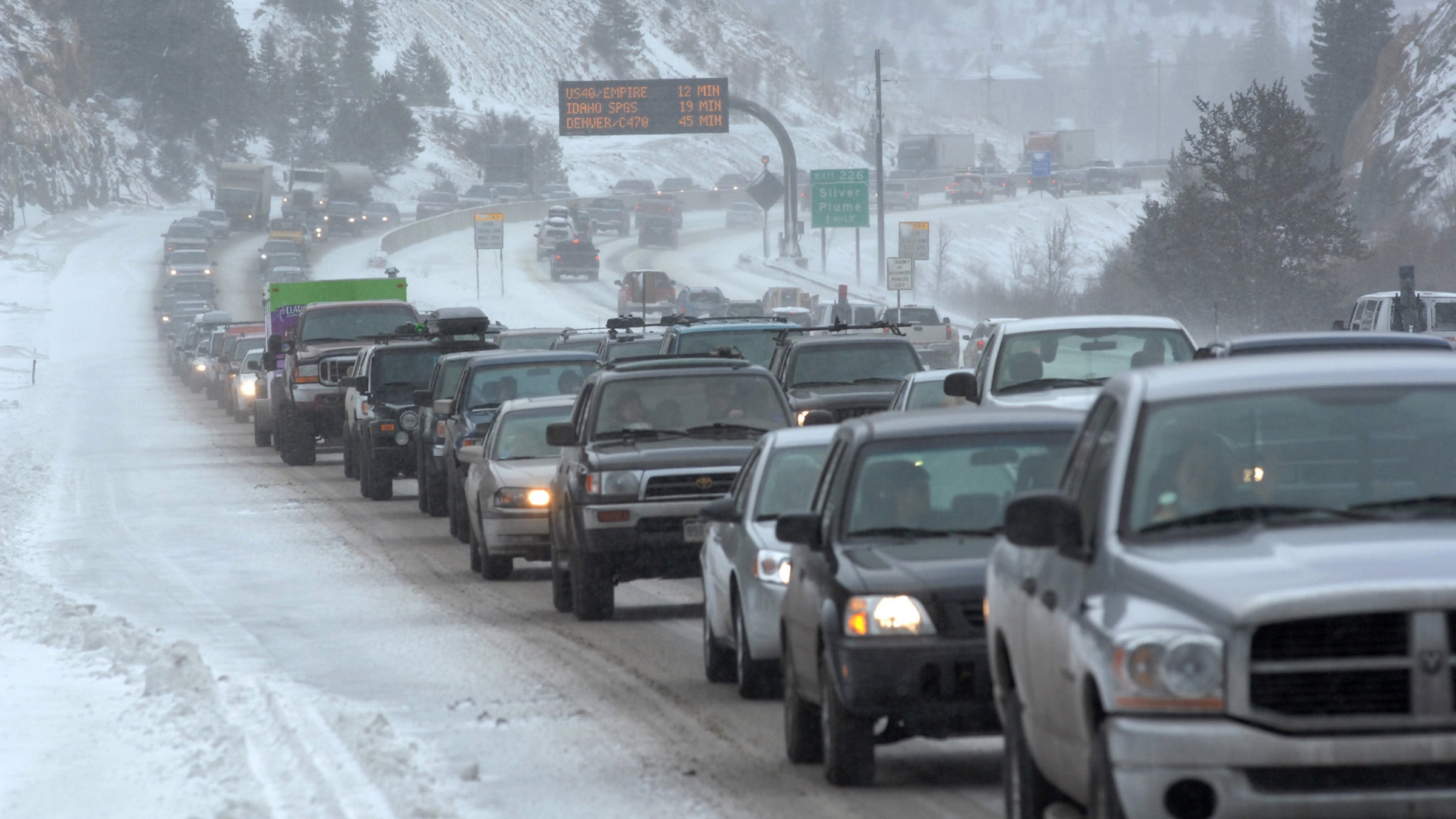 Cars waiting along Interstate 70 in Colorado.