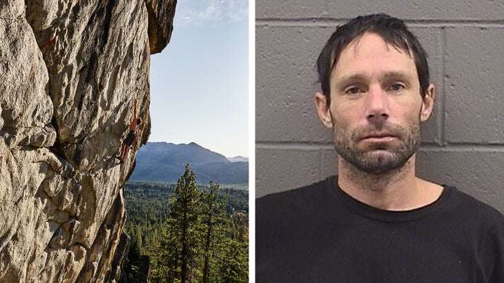 Charles Barrett in 2019, climbing a Northern California route he developed called Mario Kart. Right: Barrett after a January 2022 arrest in Mono County, California, for alleged stalking and criminal threats.