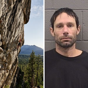 Charles Barrett in 2019, climbing a Northern California route he developed called Mario Kart. Right: Barrett after a January 2022 arrest in Mono County, California, for alleged stalking and criminal threats.