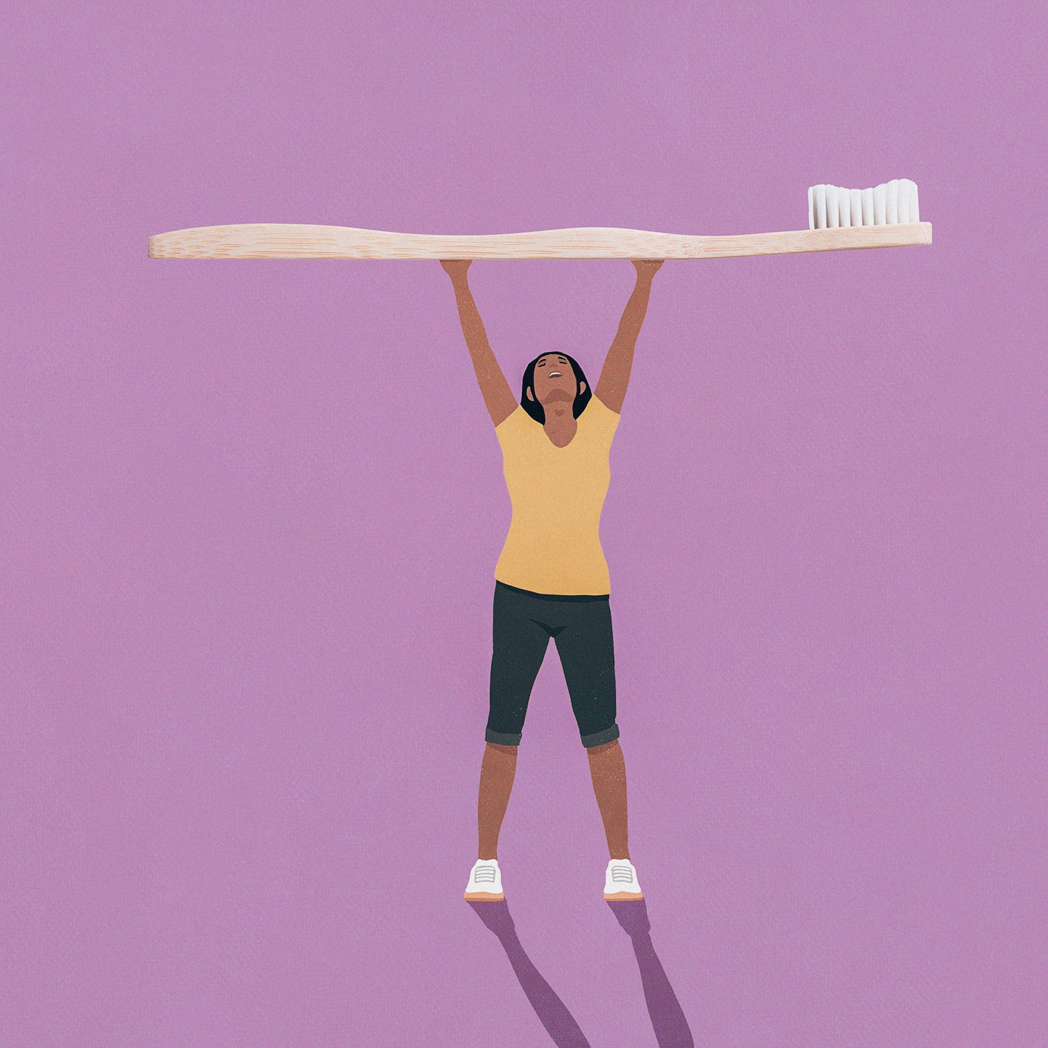 Illustration of a shrunken person holding up a large bamboo toothbrush