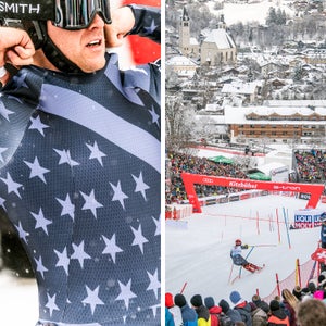Ryan Cochran-Siegle of Team USA adjusting his race suit before a run; Canadian Erik Read nearing the slalom finish line