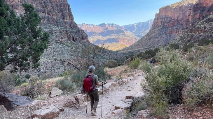backpacker on Bright Angel Trail on the Grand Canyon Rim to Rim hike