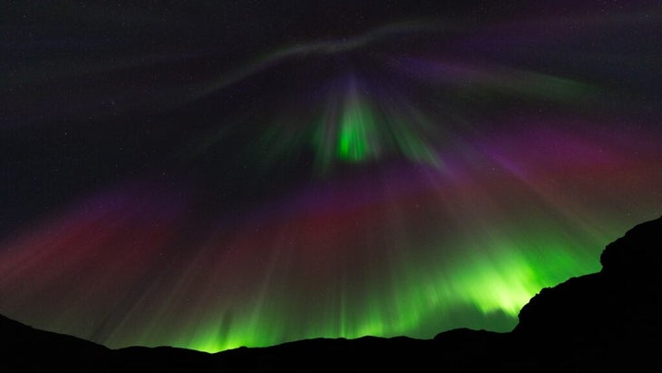 The northern lights with a rainbow of hues above Greenland