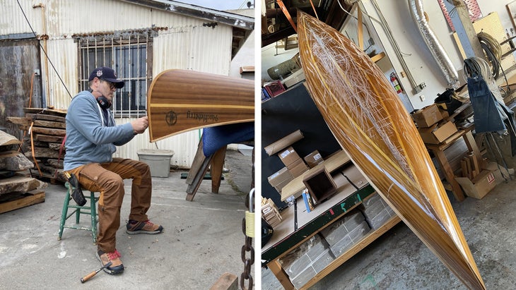 The author working on Huckleberry outside the Offerman Woodshop; Huckleberry’s rock-scraped underbelly after the L.A. River paddle