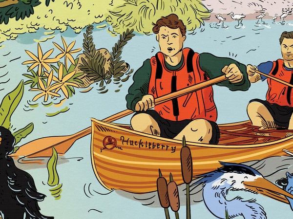 Illustration of Nick Offerman riding his canoe past wildlife