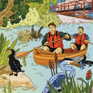 Illustration of Nick Offerman riding his canoe past wildlife