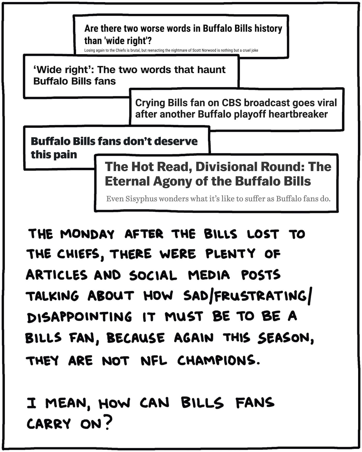 handwritten text: The Monday after the Bills lost to the Chiefs, there were lots of articles and social media posts talking about how sad/frustrating/disappointing it must be to be a Bills fan, because again this season, they are not NFL champions. I mean, how can Bills fans carry on? 