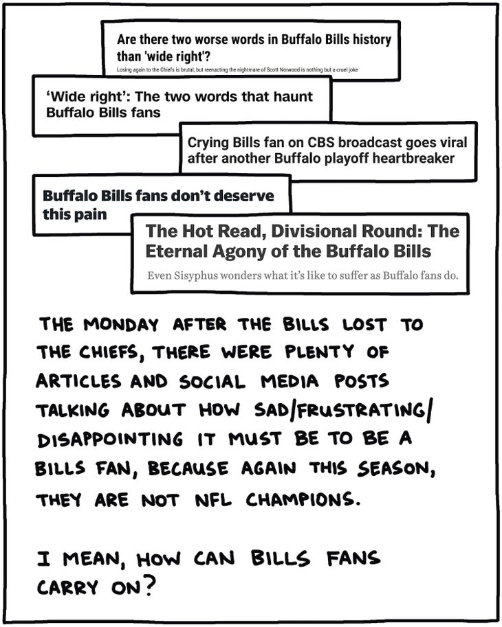 handwritten text: The Monday after the Bills lost to the Chiefs, there were lots of articles and social media posts talking about how sad/frustrating/disappointing it must be to be a Bills fan, because again this season, they are not NFL champions. I mean, how can Bills fans carry on? 