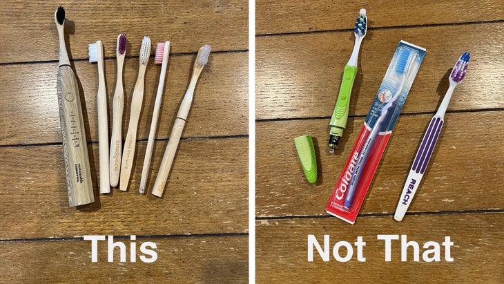 Side-by-side image of plastic and non-plastic toothbrushes