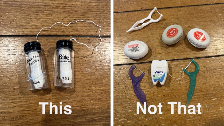 Side-by-side image of plastic and non-plastic floss products