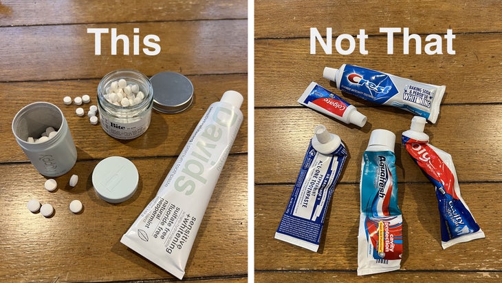 Side-by-side image of plastic and non-plastic toothpaste products