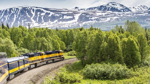train trip on Alaska Railroad with mountains behind the tracks