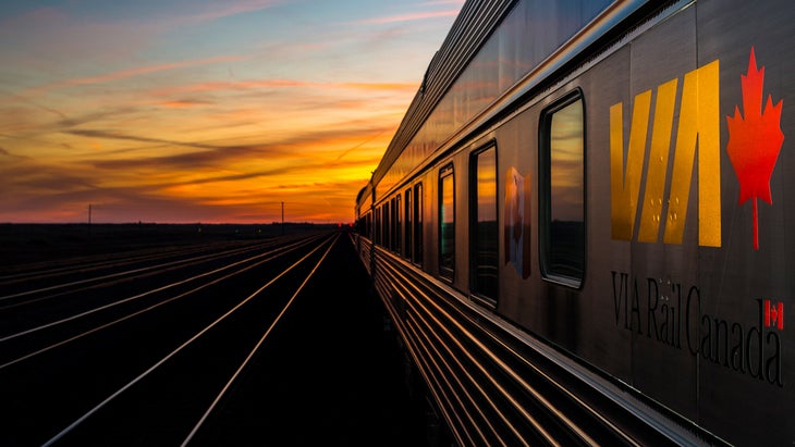 Via Rail Canada train going into sunset