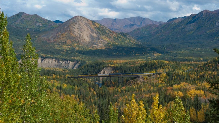 Denali Star train on bridge over river in Alaska with autumn foliage