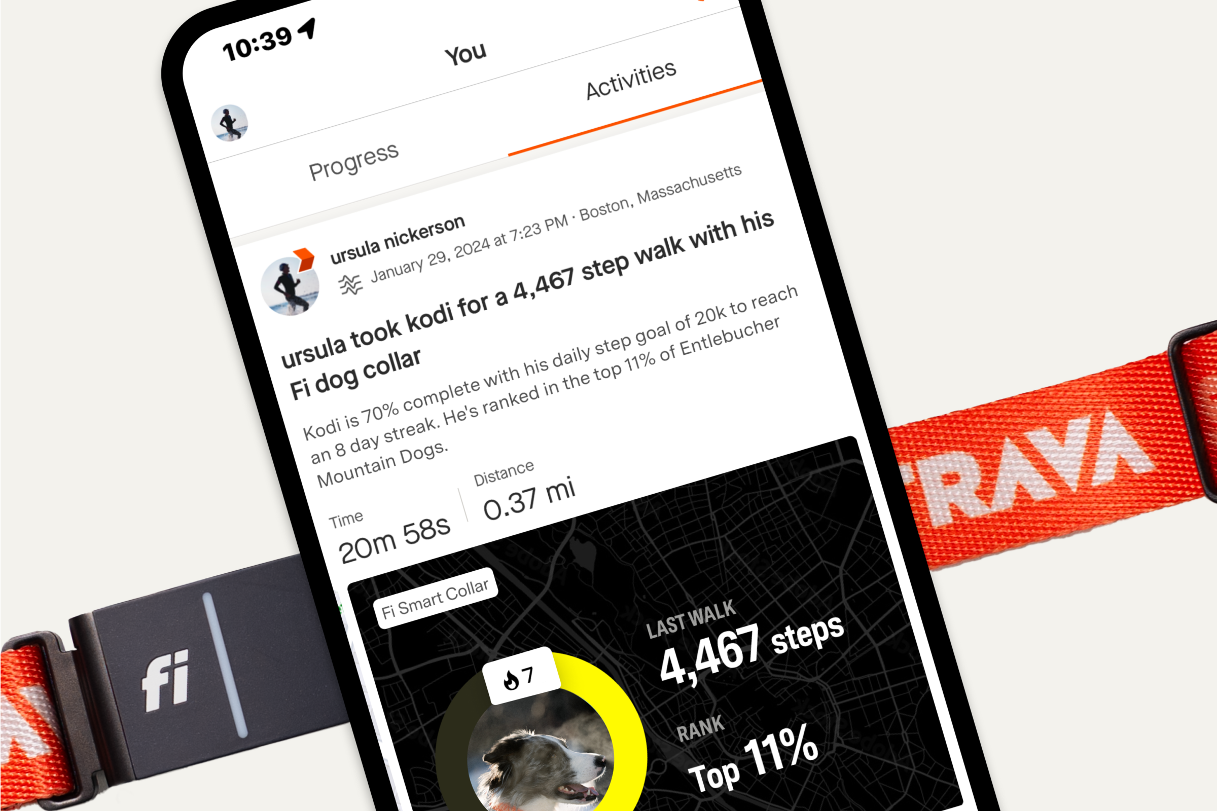 A phone showing a screenshot of a dog's Strava