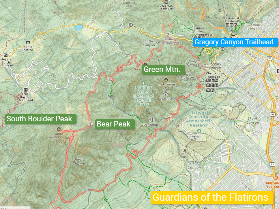 Map of Boulder three-peak hike