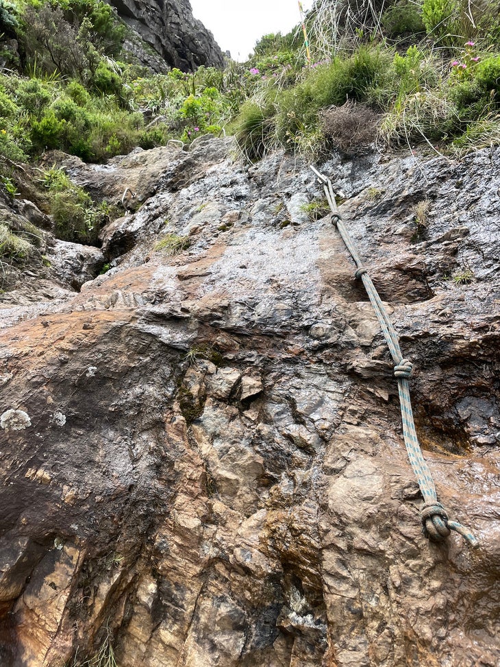 a fixed rope on a steep incline