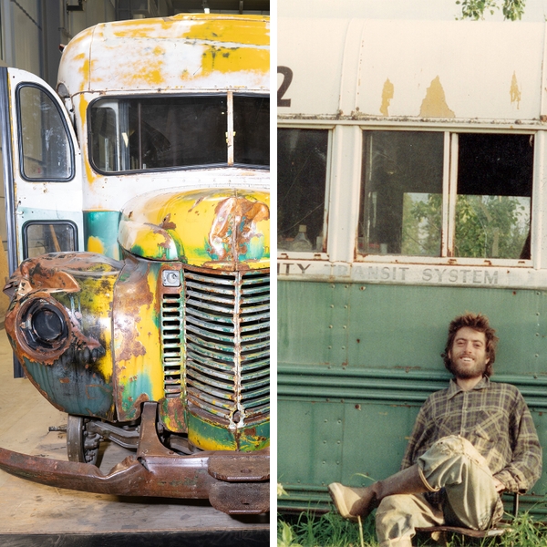 Bus 142 parked at the University of Alaska Fairbanks, where it’s being prepared for exhibition at the school’s Museum of the North; a self-portrait of Chris McCandless taken in 1992