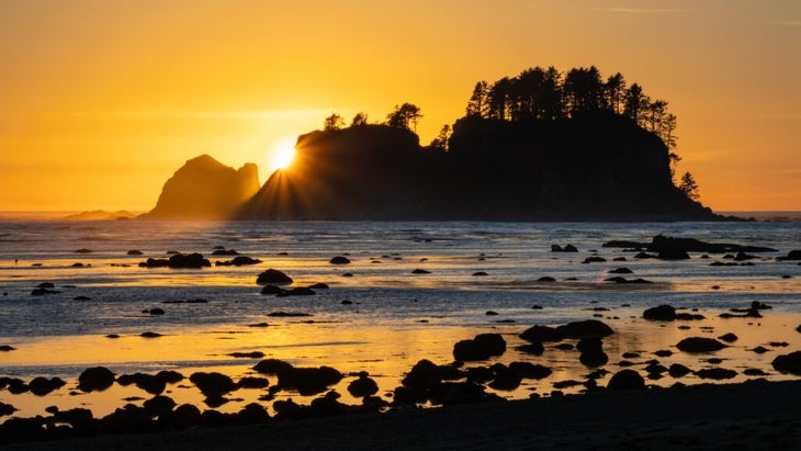 The sun sets over a forested island off Cape Alava, Washington. 