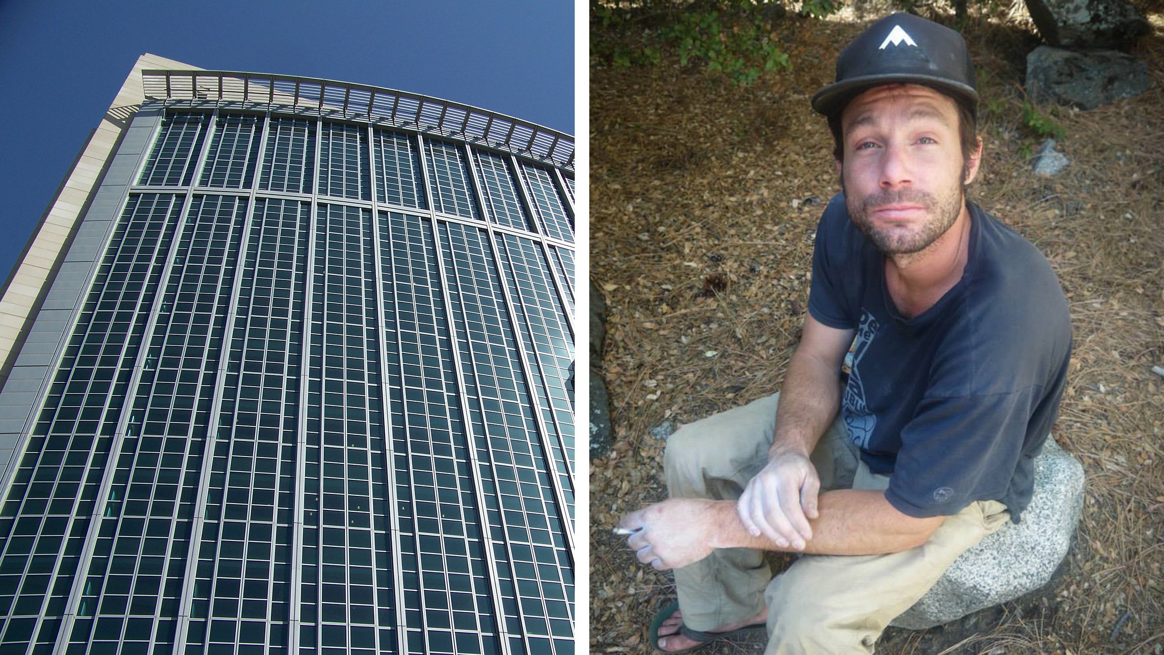 The federal courthouse in Sacramento, site of Barrett’s trial; Barrett in 2014 at Yosemite’s Camp Four