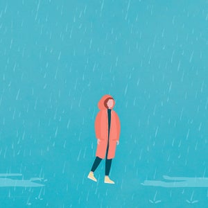 illustration of a person in a rain jacket walking through the rain