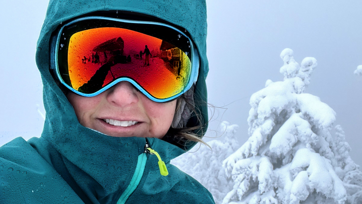 The author, Kristin Hostetter, skiing in the Vermont rain