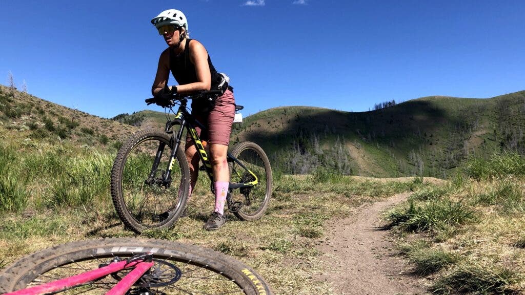 Ski magazine editor in chief Sierra Shafer takes a break from mountain biking near Ketchum, Idaho.
