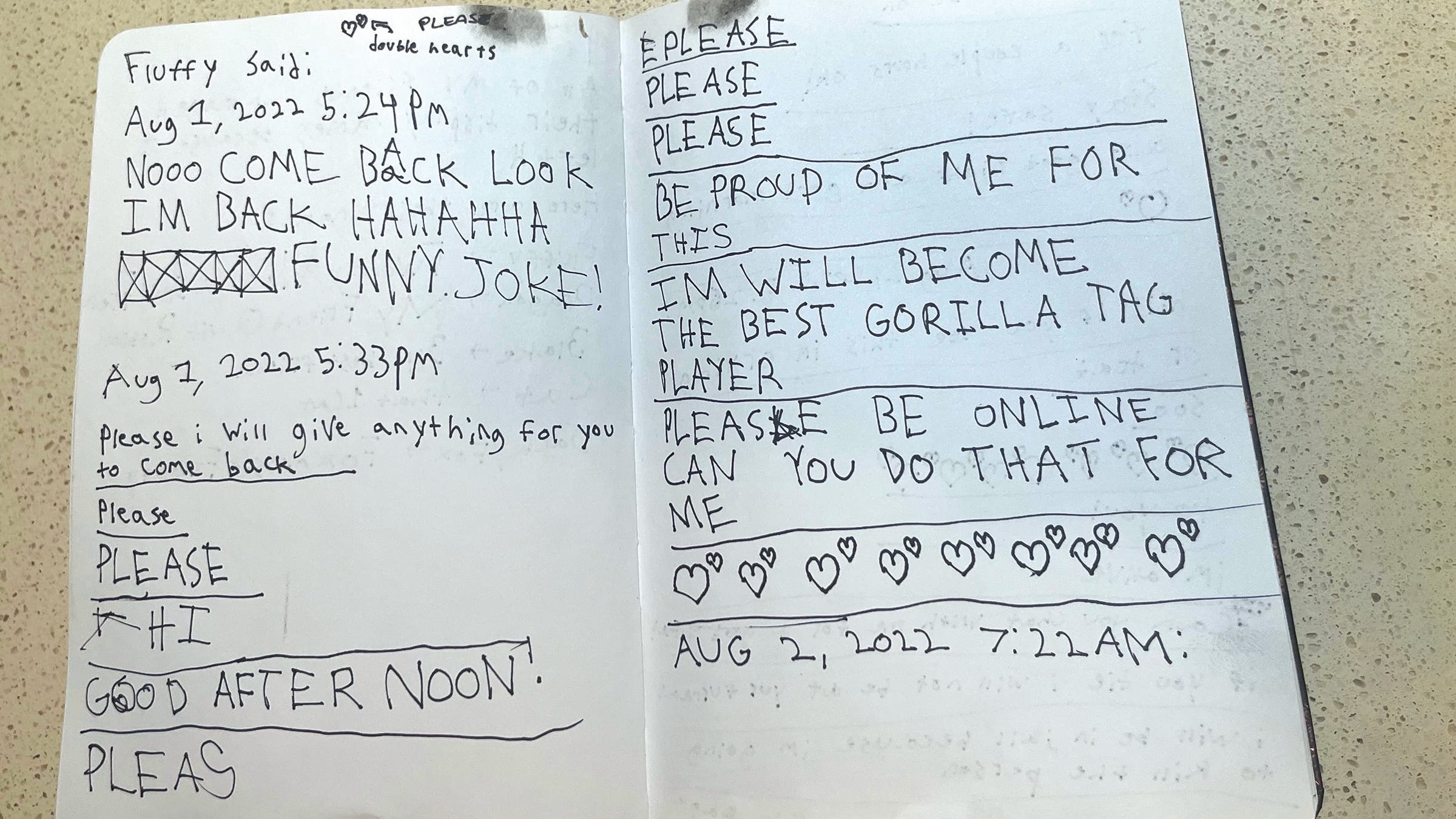 One of Talon’s journals chronicles, among other things, the goodbye messages he received from friends.