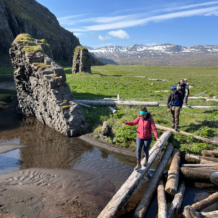 hikers cross log bridge, Hornstrandir Reserve, Iceland