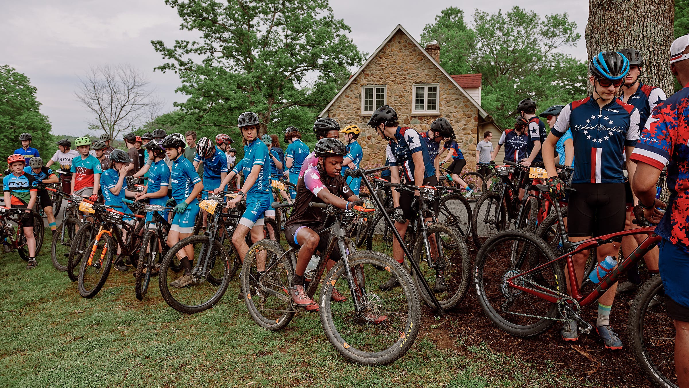 Naz makes his way to the starting line during the Virginia High School Mountain Bike race at Blue Ridge School in Saint George, Virginia.