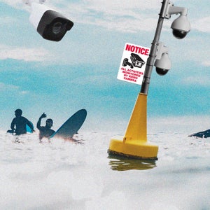 illustration of security cameras on a surfing scene