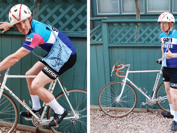 The author in retro bike-racing kit, ready to roll