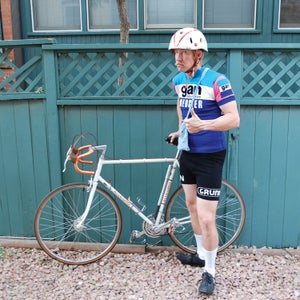 The author in retro bike-racing kit, ready to roll