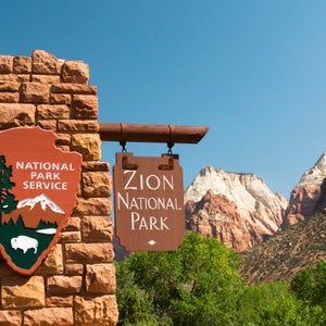 The entrance sign to Zion National Park in Utah just outside of Sprindale at the parks south entrance