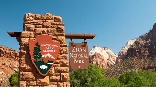 The entrance sign to Zion National Park in Utah just outside of Sprindale at the parks south entrance