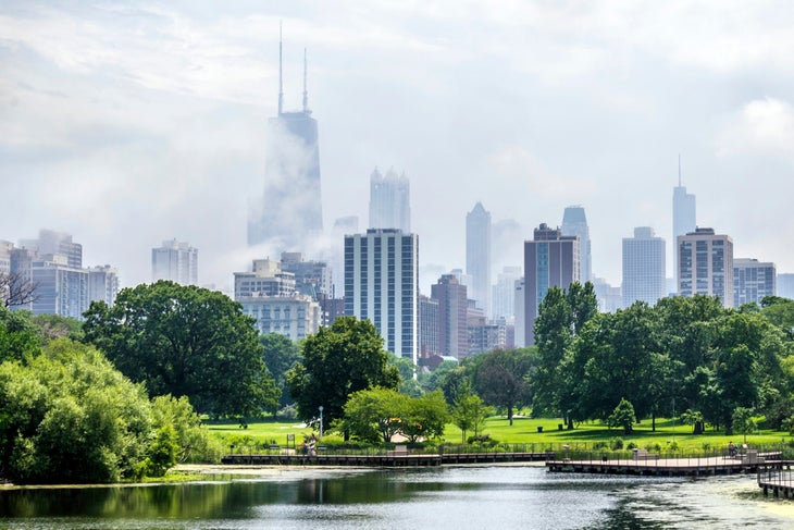 Fog coming into the downtown area of Chicago as seen from the Nature Boardwalk in Lincoln Park.