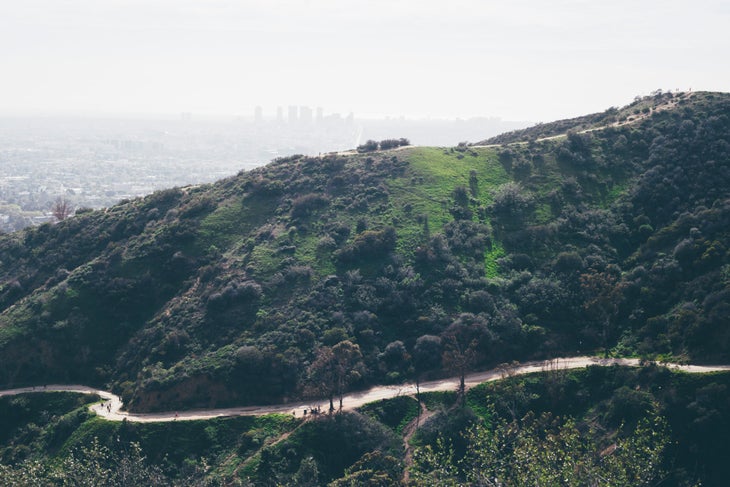 Elevated view of winding road and hills in Los Angeles.