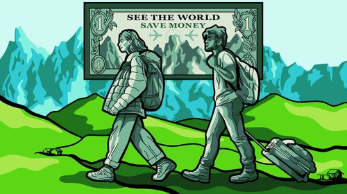 An illustration of a man walking ahead of a man on a green mountain scape, with a dollar bill behind them that says, 