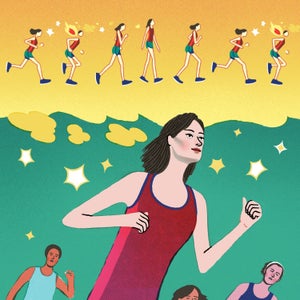 Cartoon of woman running with a group of people. A thought bubble above her head shows her alternating between running and walking.