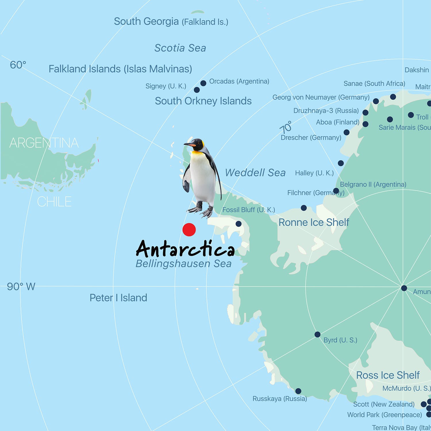 Map of scuba diving locations around Antarctica