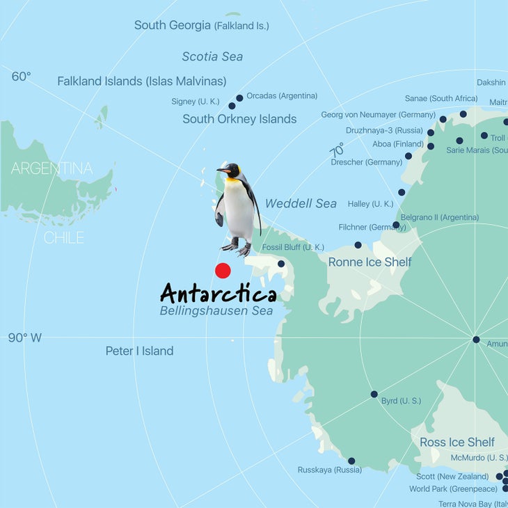 Map of scuba diving locations around Antarctica