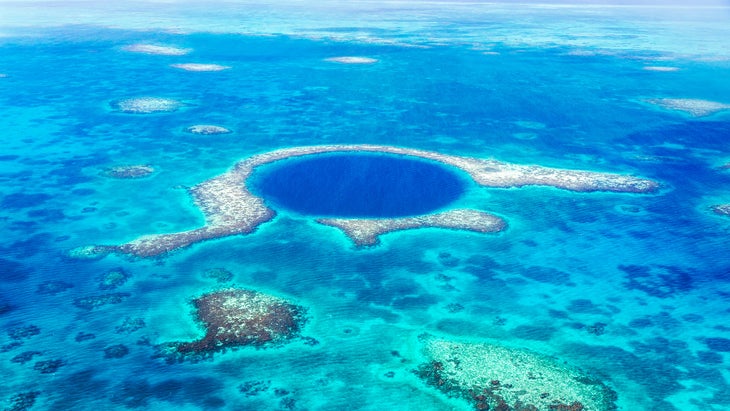 Aerial of the Blue Hole, Lighthouse reef, Belize.