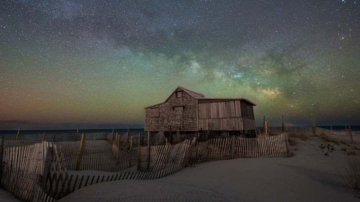 Judges shack, an abandoned building along Island Beach State Park, New Jersey, at dusk