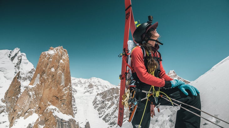 Lusti climbing in Pakistan’s Karakoram range on their expedition to ski the Great Trango Tower