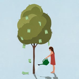 illustration of miniature person watering a tree with money falling out of it