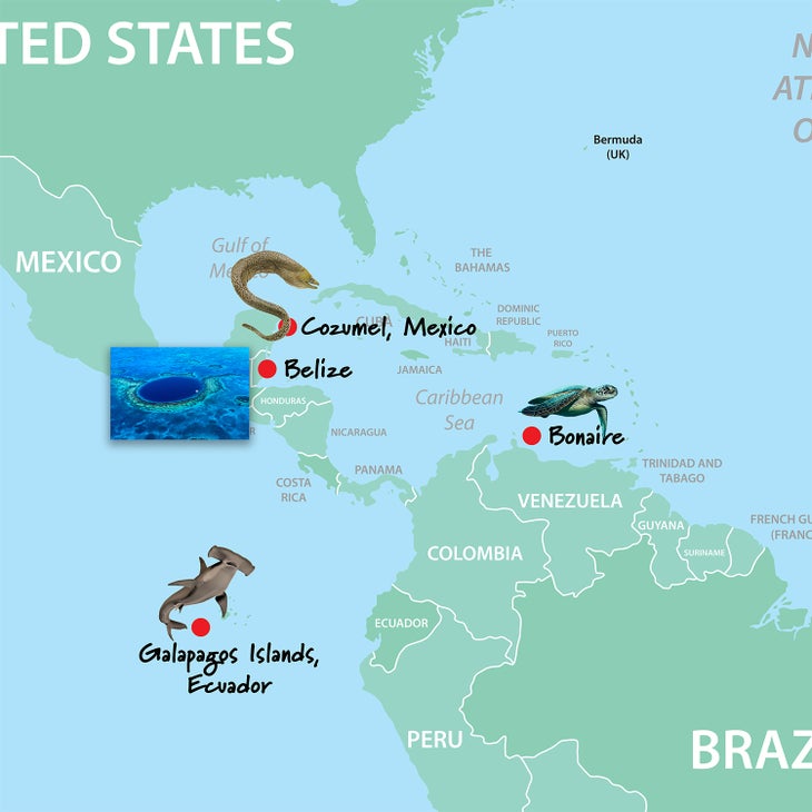Map of scuba diving locations around Cozumel, Mexico, Belize, Bonaire, Galapagos Islands, Ecuador, 